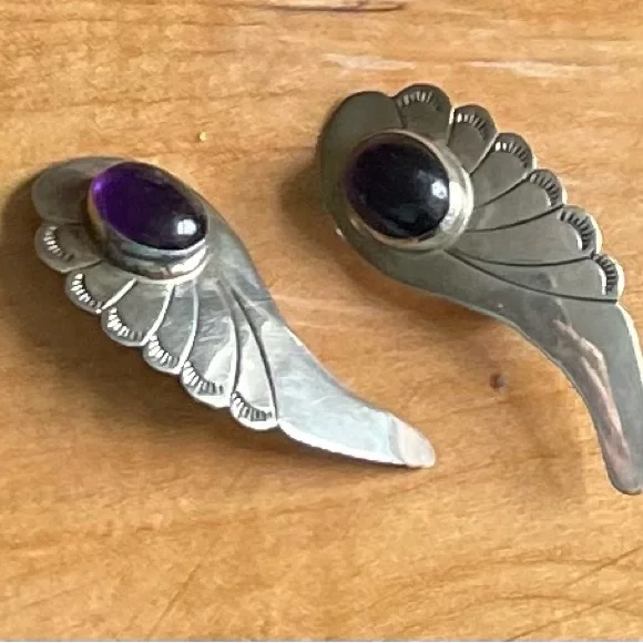 Signed Navajo amethyst & sterling angel wing feather earrings